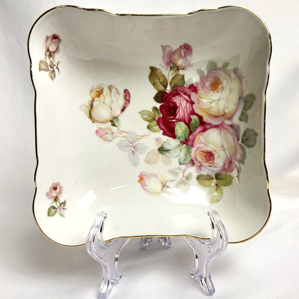 Schumann Arzberg Vintage Germany Porcelain Square Floral Bowl Gold Trim European